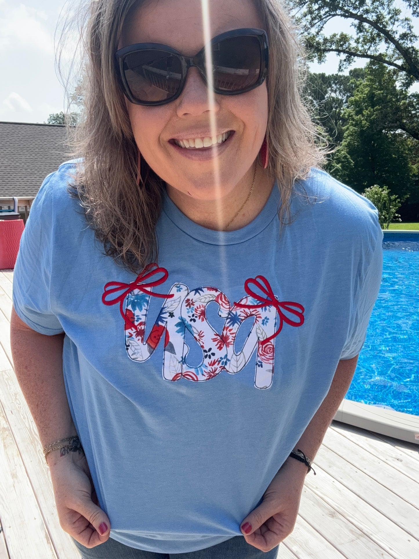 USA with bows appliqued July 4th Tee