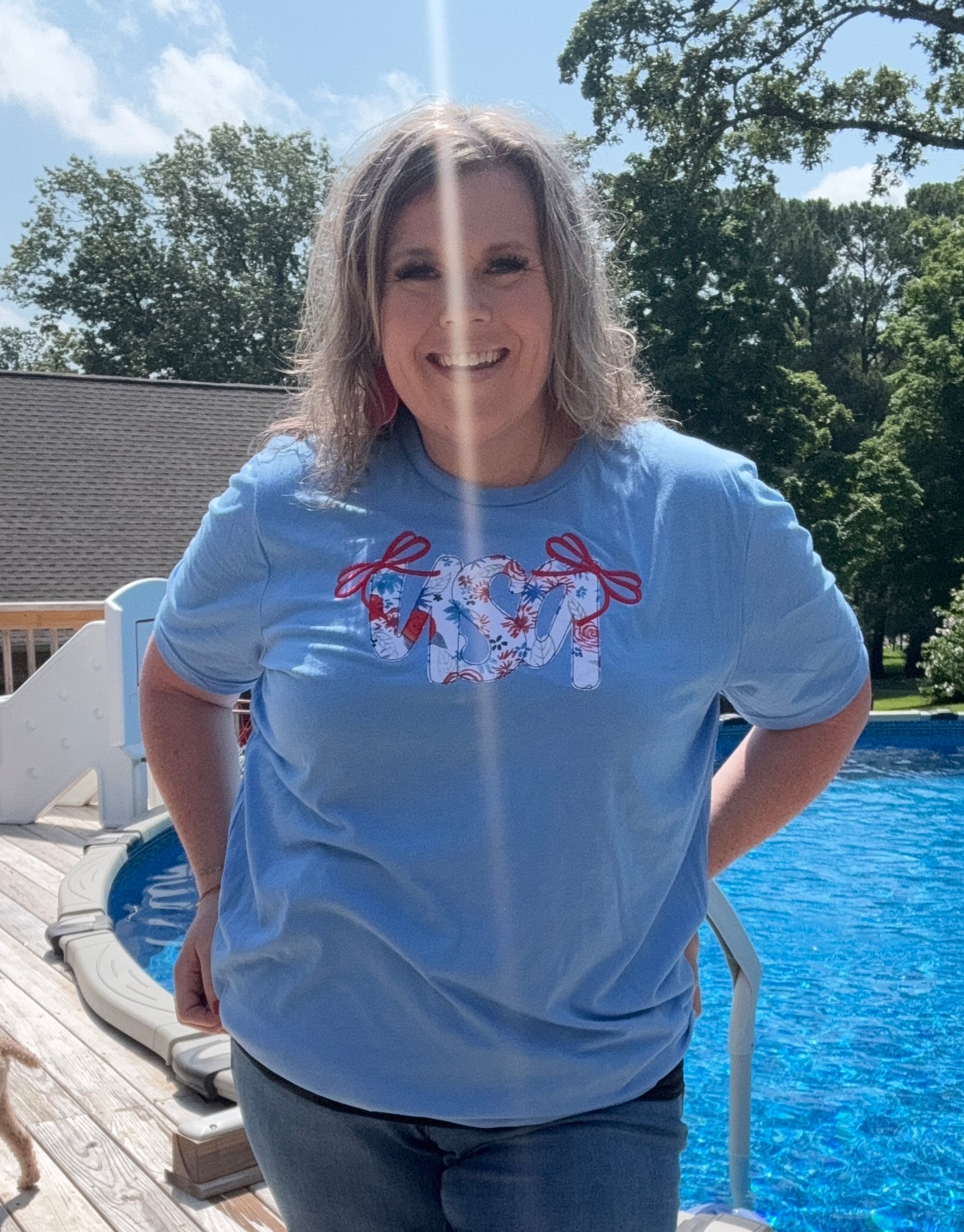 USA with bows appliqued July 4th Tee