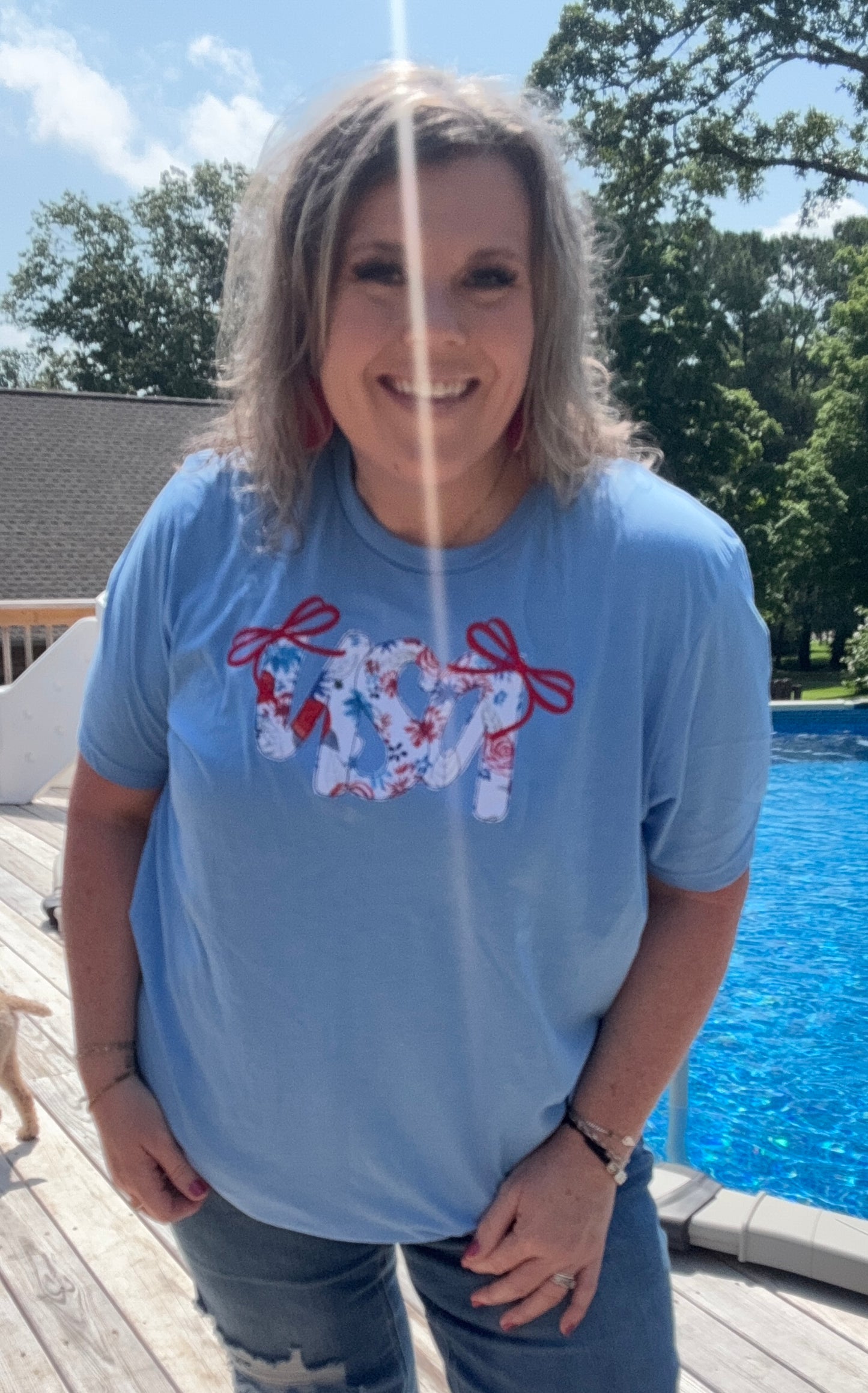 USA with bows appliqued July 4th Tee