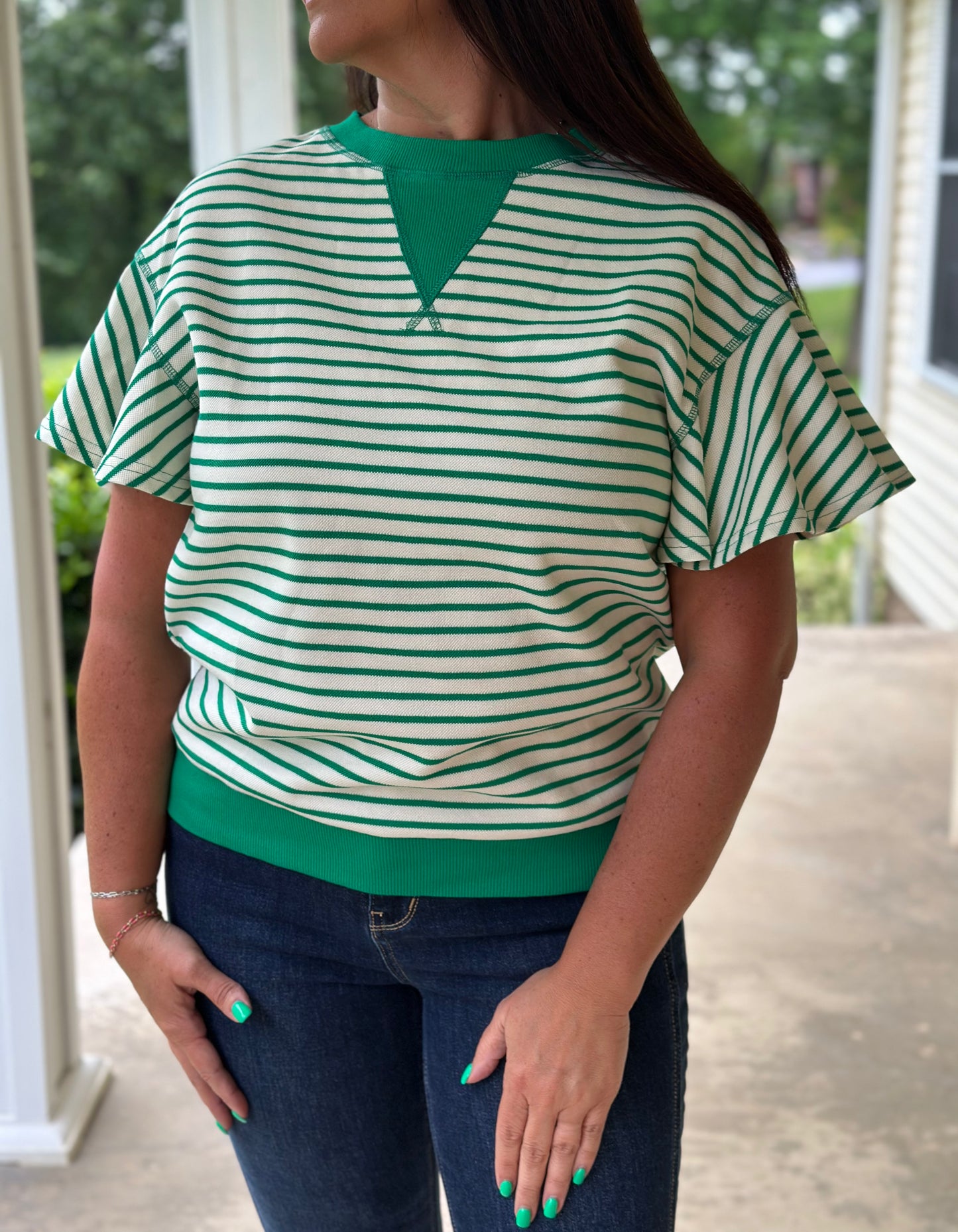 Bright Green Striped Ruffle Short Sleeve Top