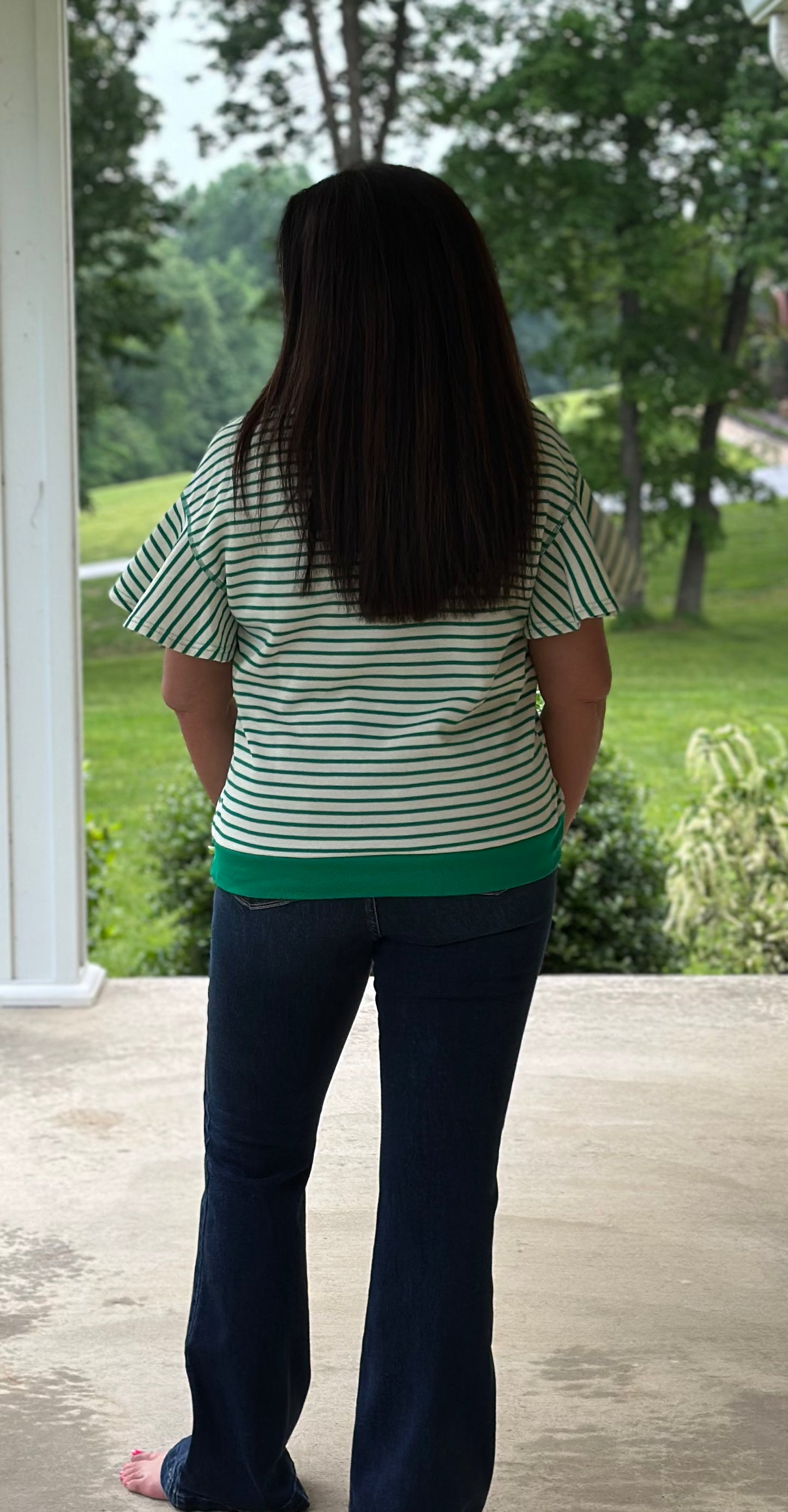 Bright Green Striped Ruffle Short Sleeve Top