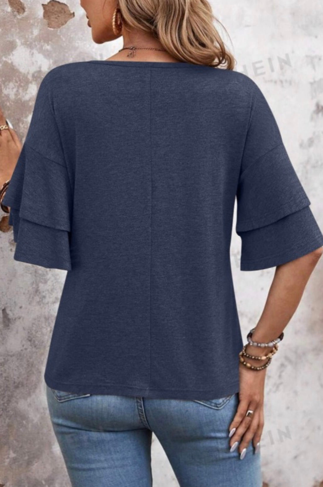 Navy V-neck Double sleeve Top