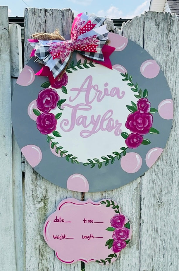 Gray Floral Hospital Birth Stat Door Hanger