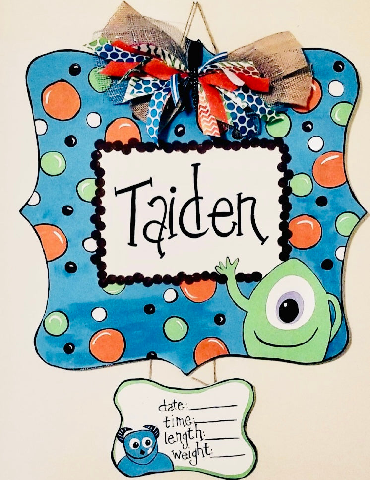 Cutesy Happy Monster inspired Birth Stat Door Hanger