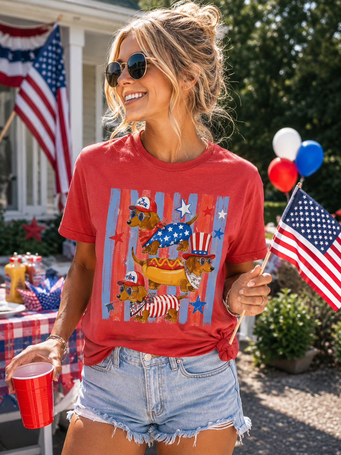 Patriotic Dachshund Graphic Tee | Fourth of July Wiener Dog Shirt | Cute Dog Lover Summer Tee