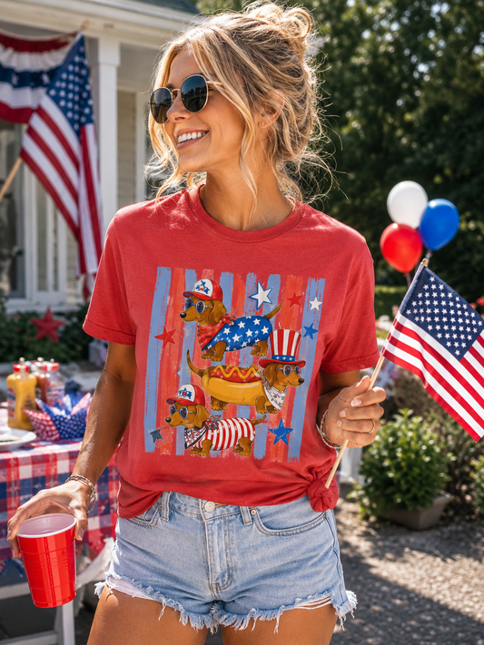 Patriotic Dachshund Graphic Tee | Fourth of July Wiener Dog Shirt | Cute Dog Lover Summer Tee