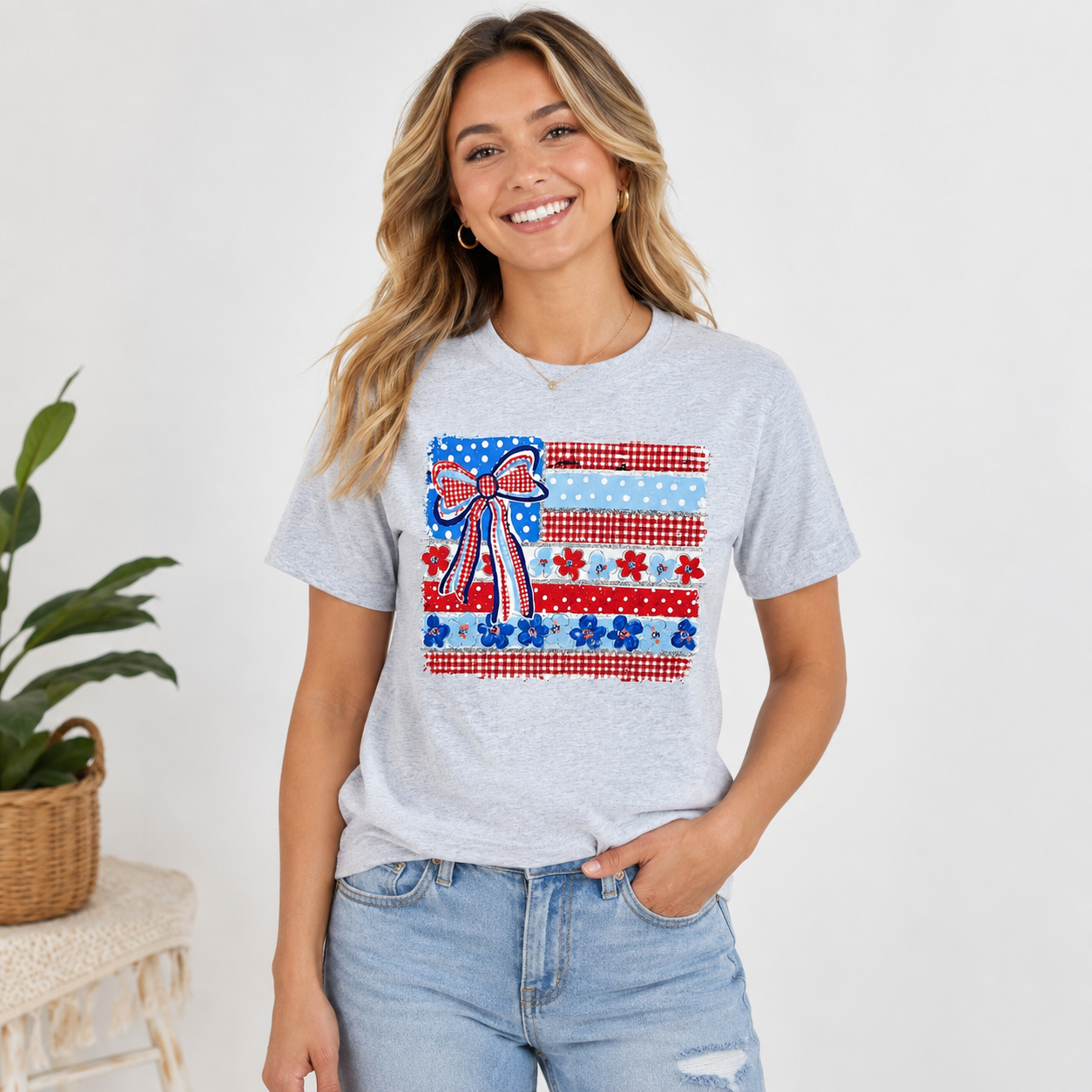 Vintage Patchwork American Flag Bow Tee
