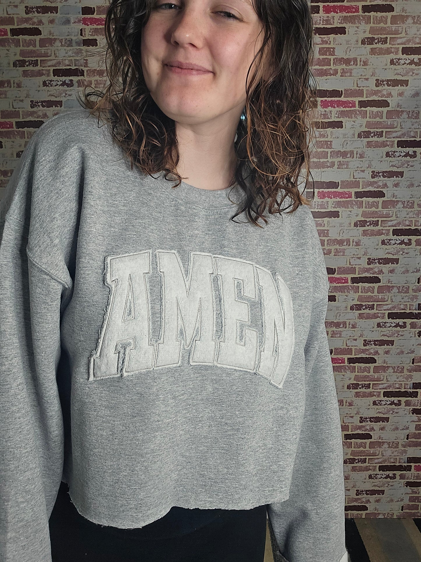AMEN tone on tone appliqued crewneck