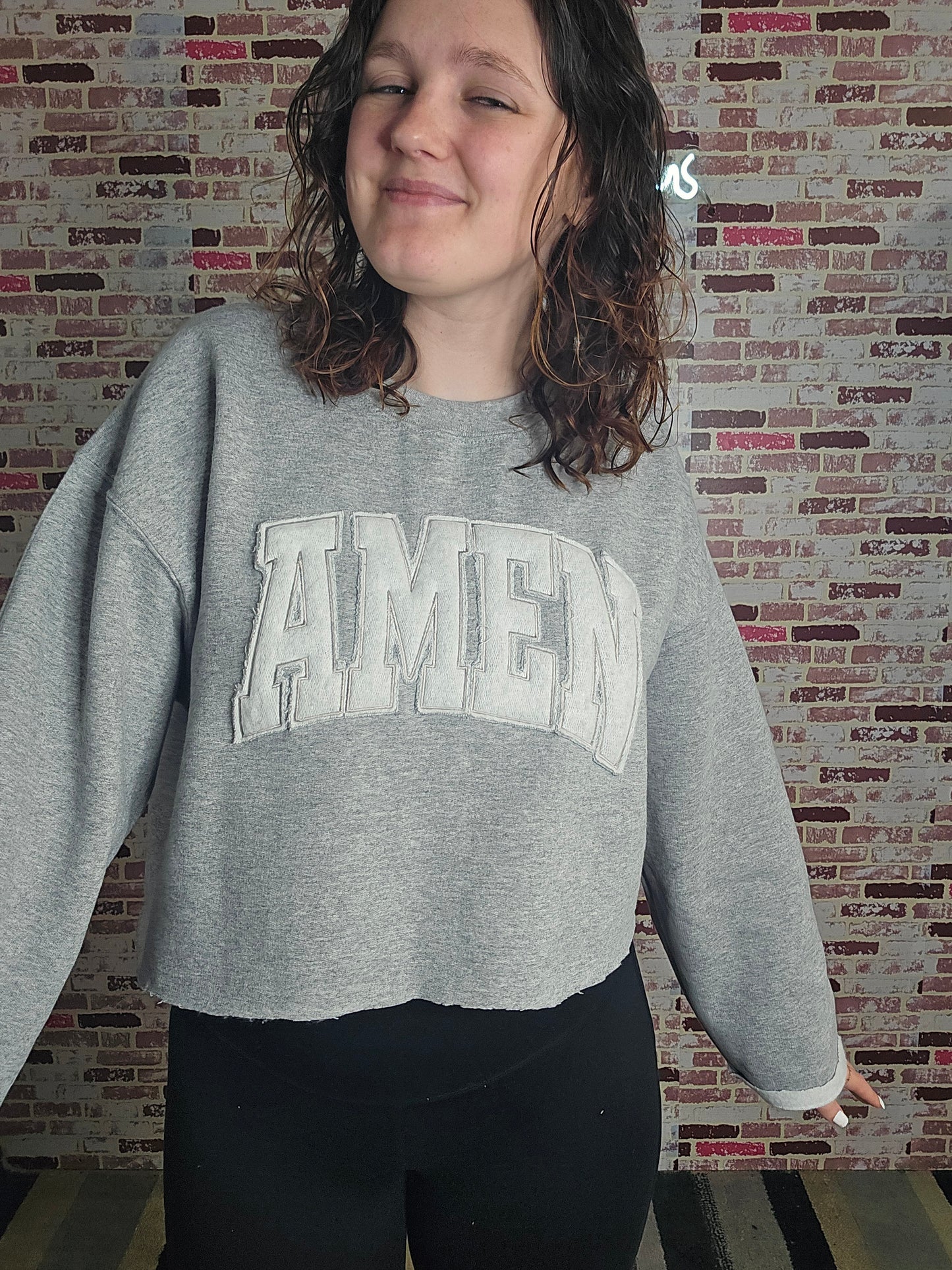 AMEN tone on tone appliqued crewneck