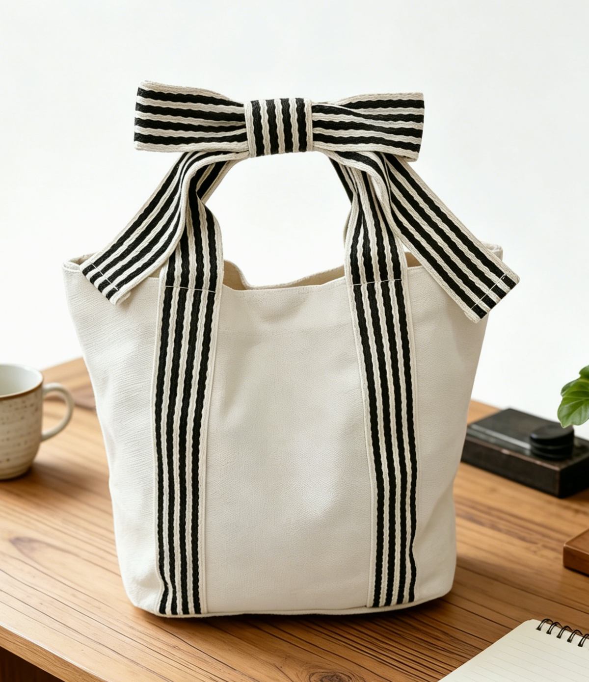 Canvas Striped Tote Bag Bow Handbag