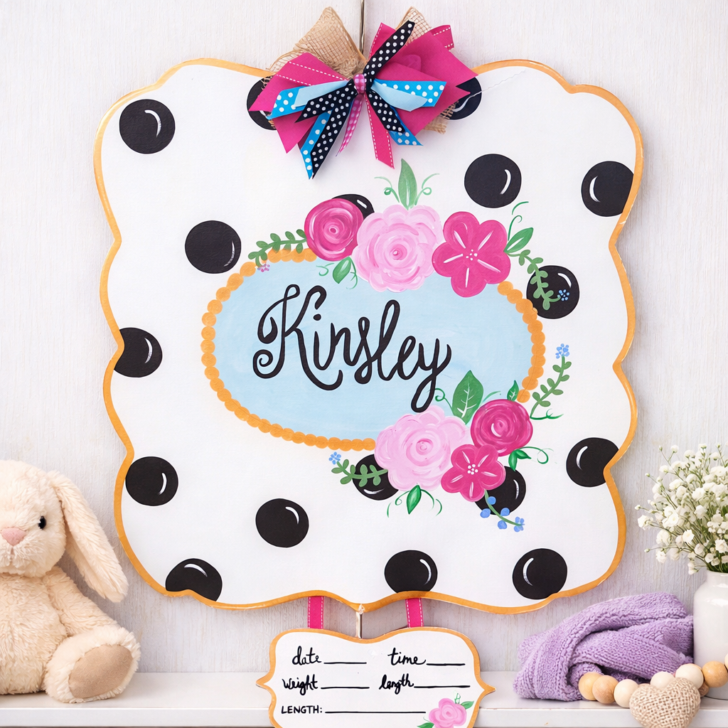 Polka Dots and Floral Hospital Birth Stat Door Hanger