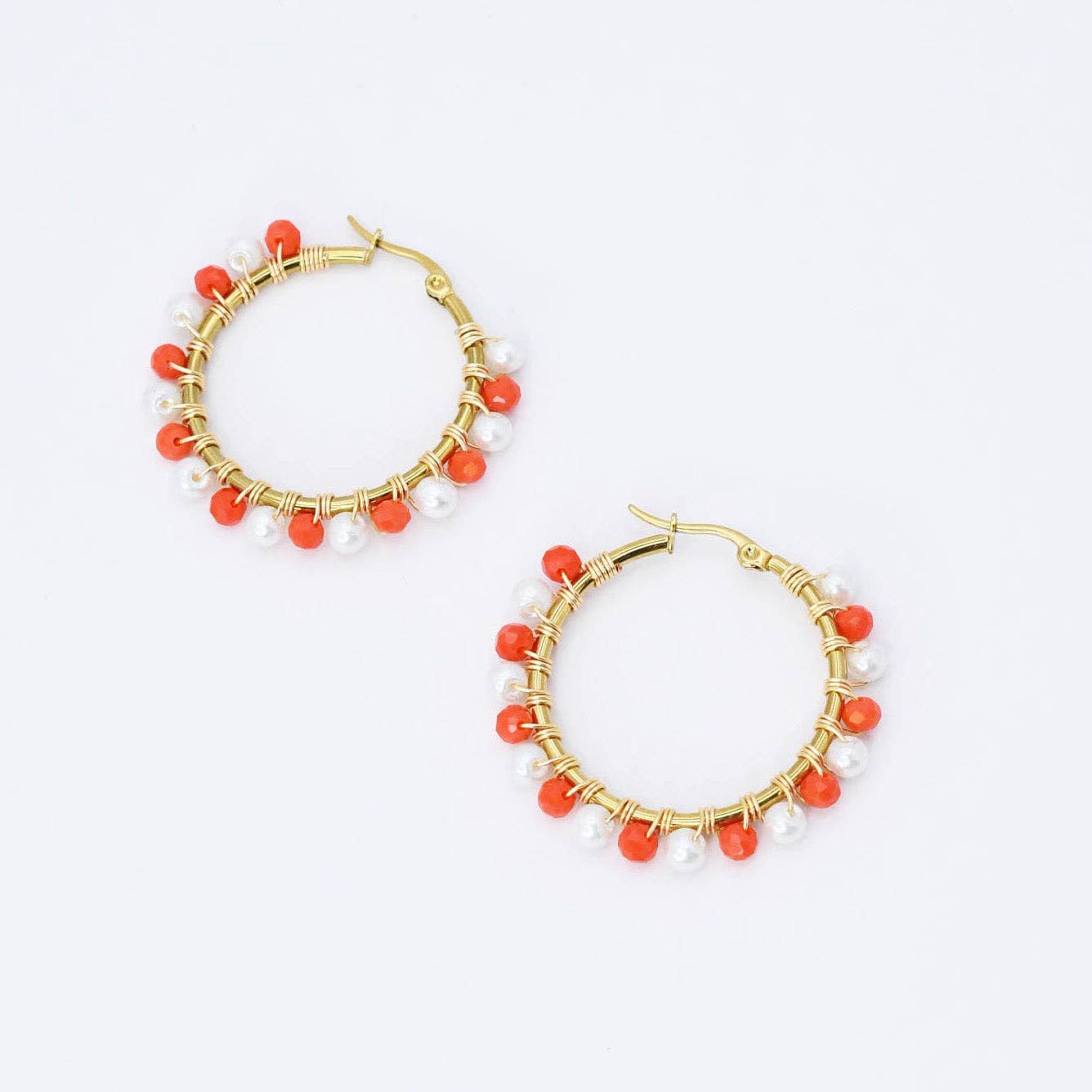 Orange/White Beaded Hoop Earrings