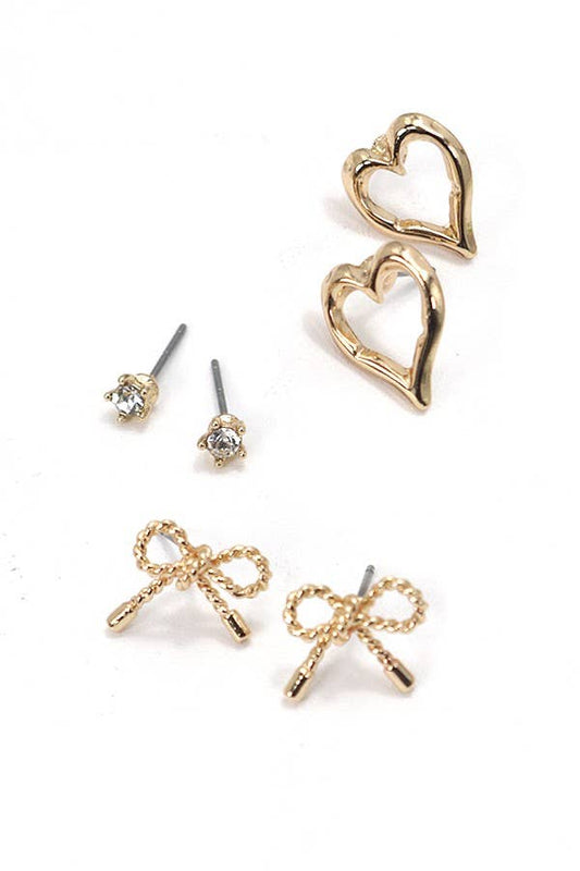 BOW HEART CHARM TRIO EARRINGS