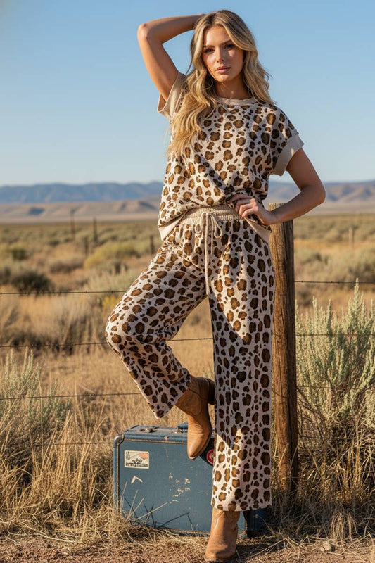 LEOPARD PRINT SCUBA TOP AND PANTS SETS