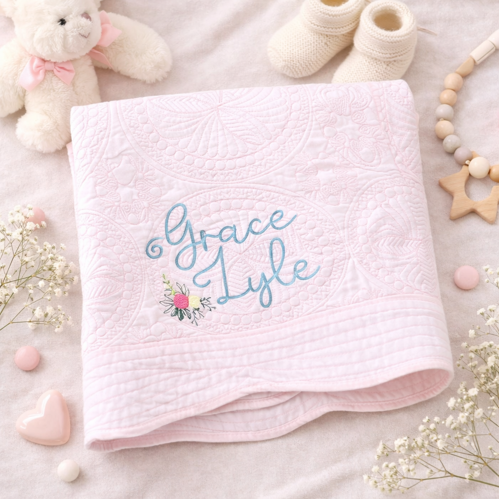 Personalized Baby Blanket Quilt with Name – Embroidered Custom Newborn Keepsake