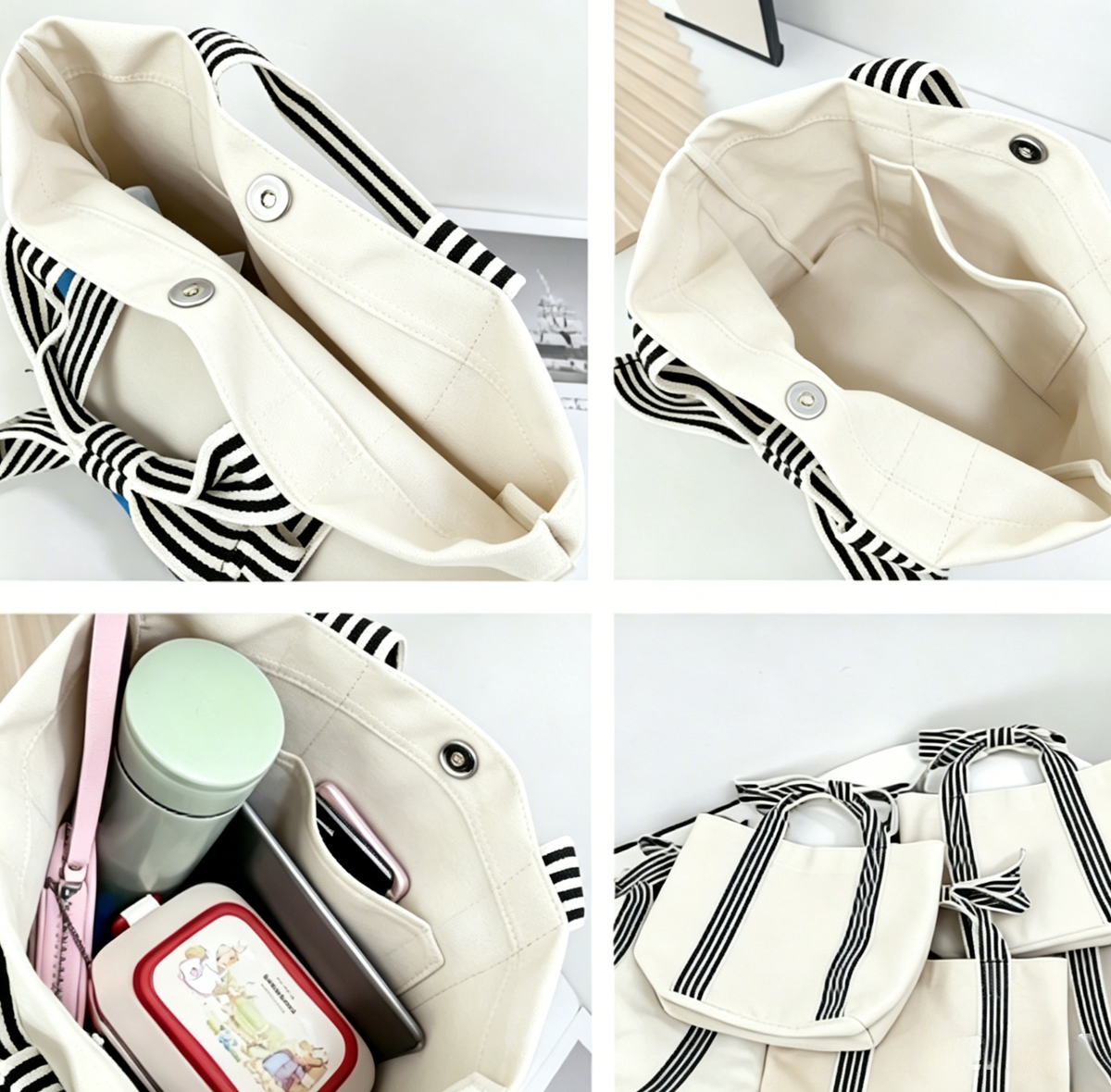 Canvas Striped Tote Bag Bow Handbag