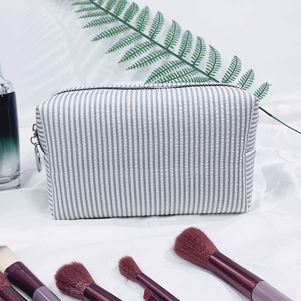Seersucker Striped Makeup Bag Bubble Cosmetics Pouch