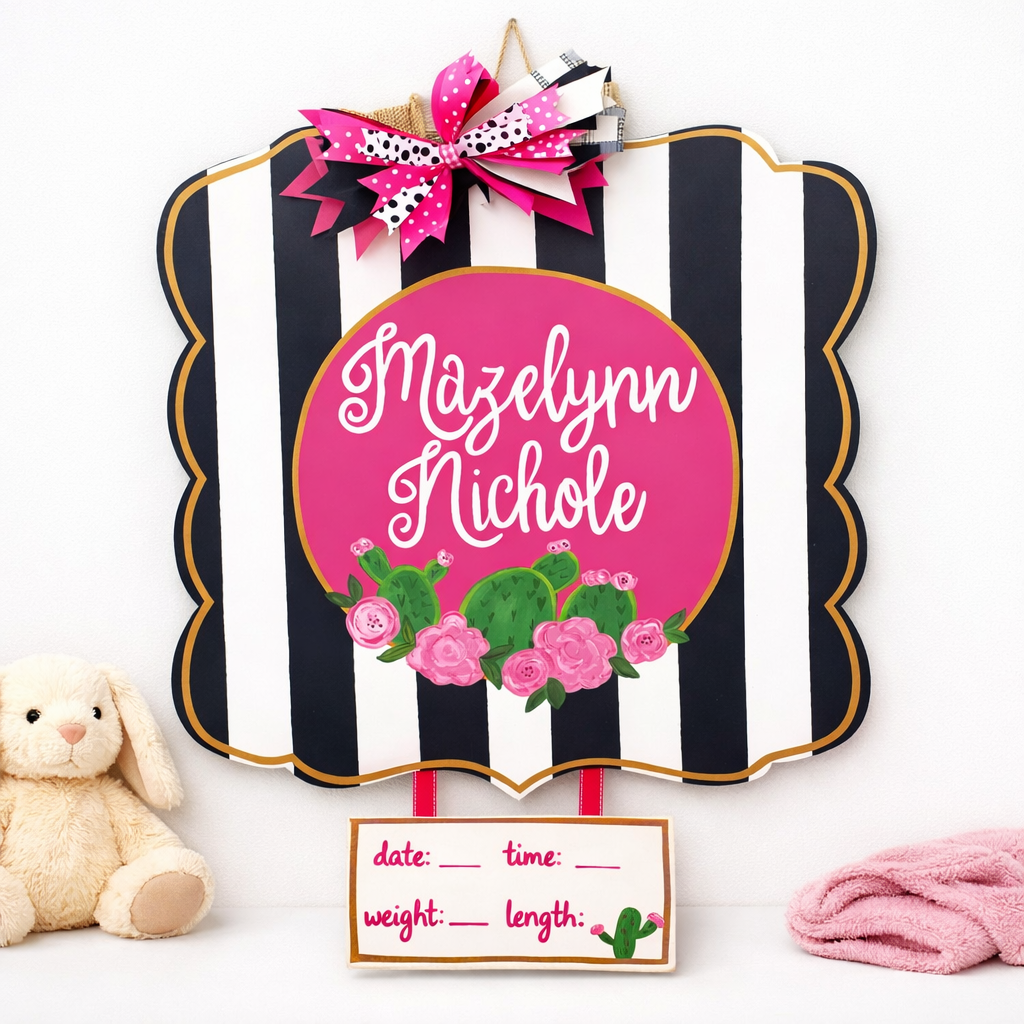 Fancy Cactus and Floral Hospital Birth Stat Door Hanger