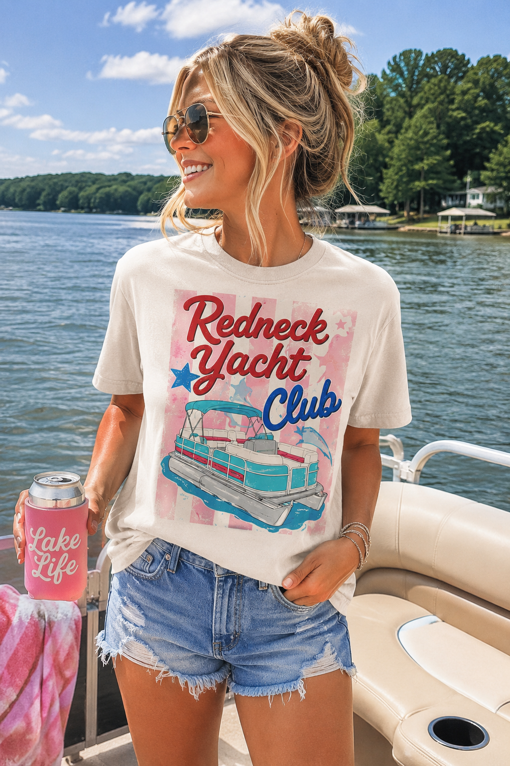 Redneck Yacht Club Patriotic Graphic Tee | Lake Life Summer Shirt | Country Girl Fourth of July T-Shirt
