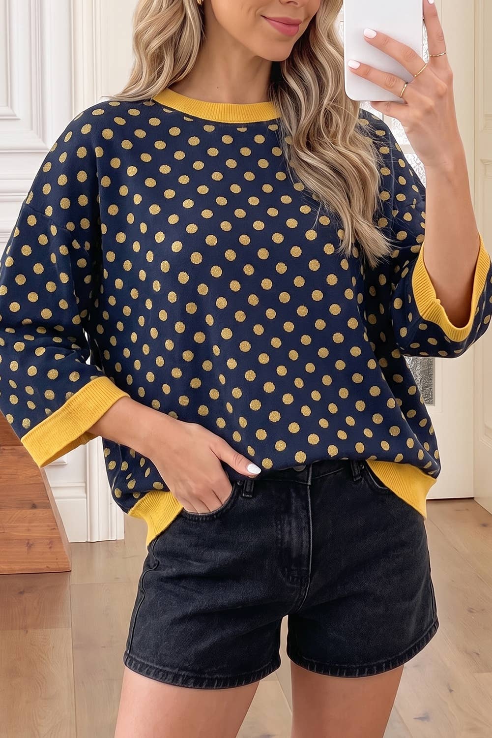 Polka Dot Print Navy & Gold Top