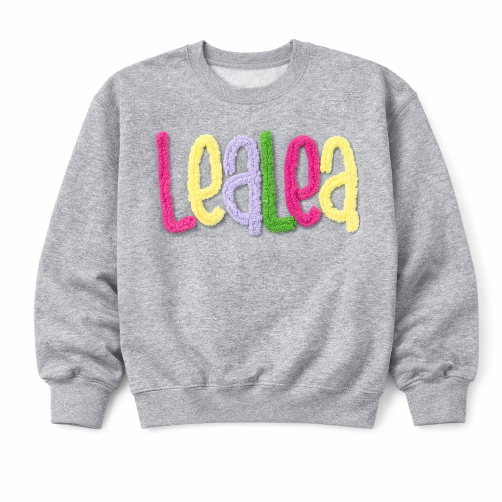 Personalized Chunky Fuzzy Name Crewneck Sweatshirt | Custom Chenille Letter Name Pullover | Cozy Embroidered Gift
