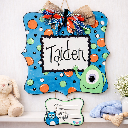 Cutesy Happy Monster inspired Birth Stat Door Hanger