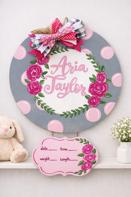 Gray Floral Hospital Birth Stat Door Hanger