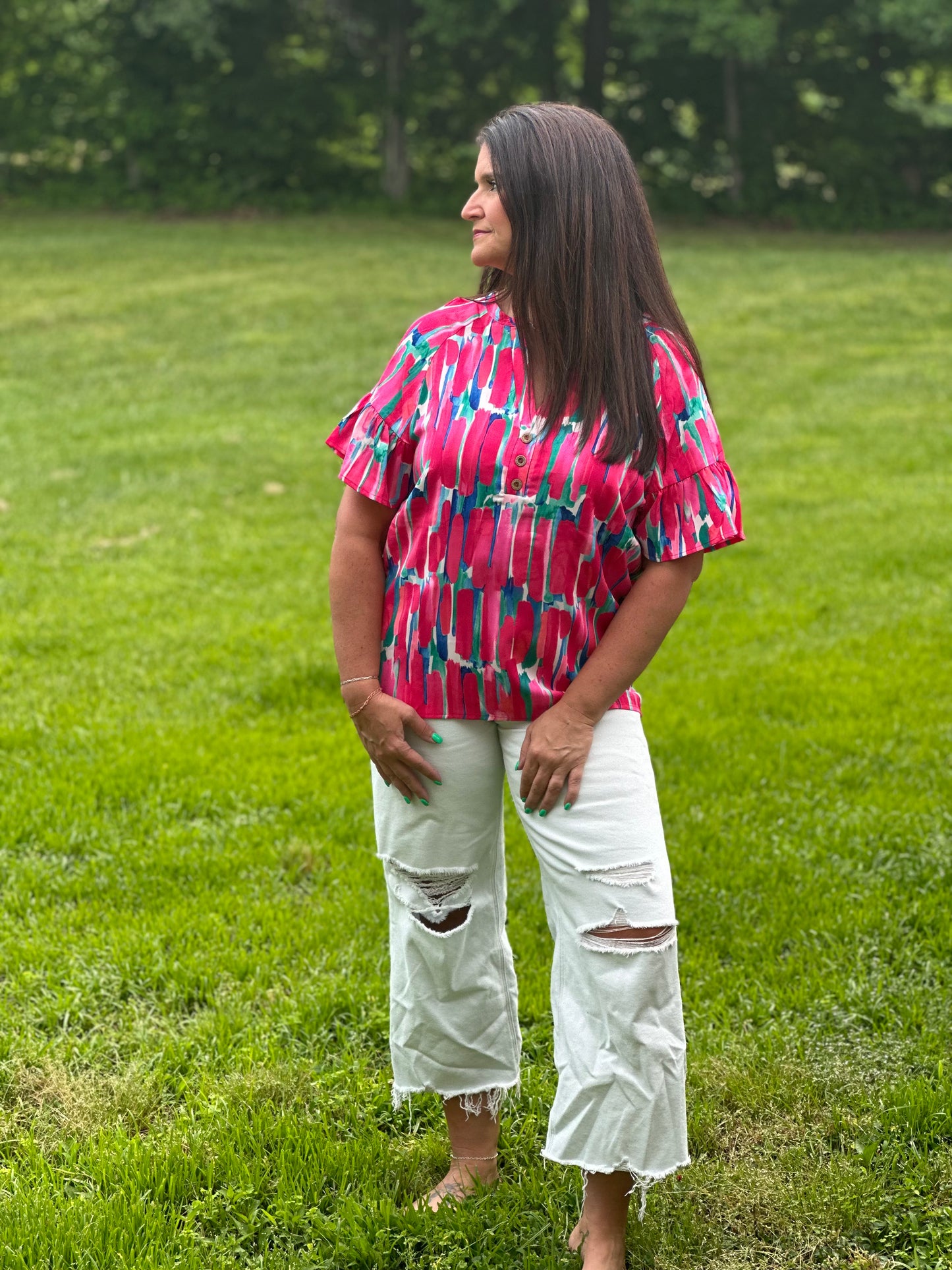 Pink Button Top with Ruffle Sleeve