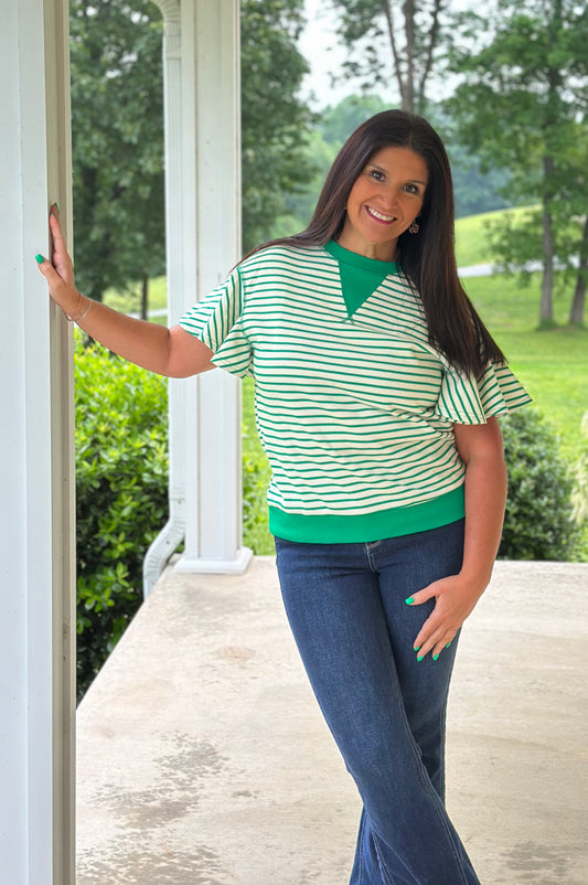Bright Green Striped Ruffle Short Sleeve Top