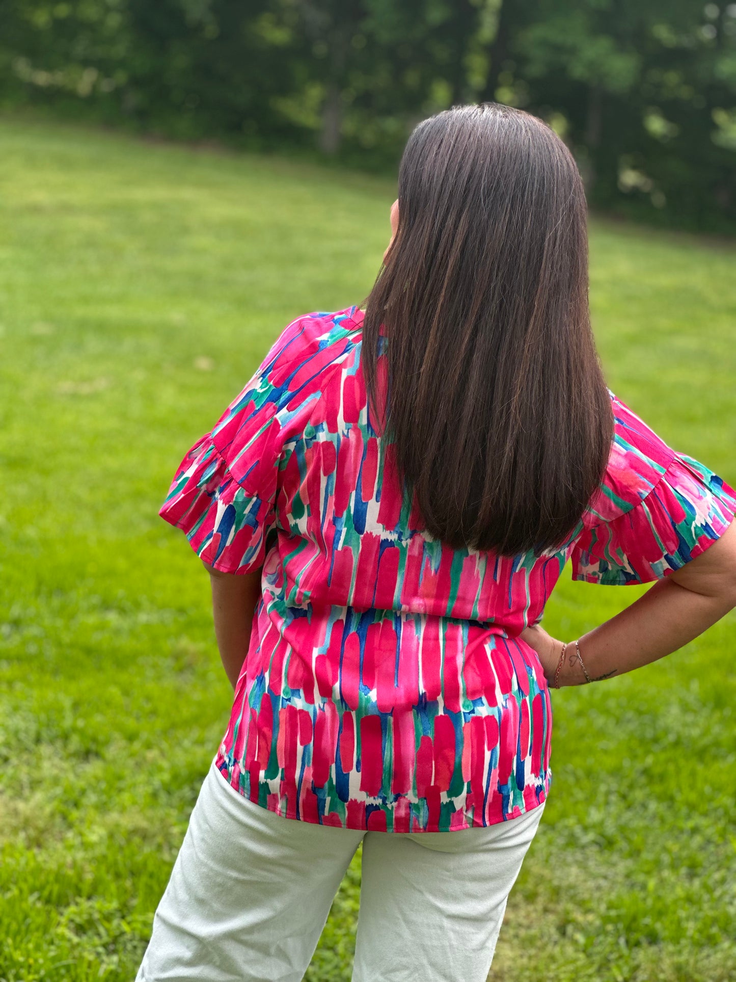 Pink Button Top with Ruffle Sleeve