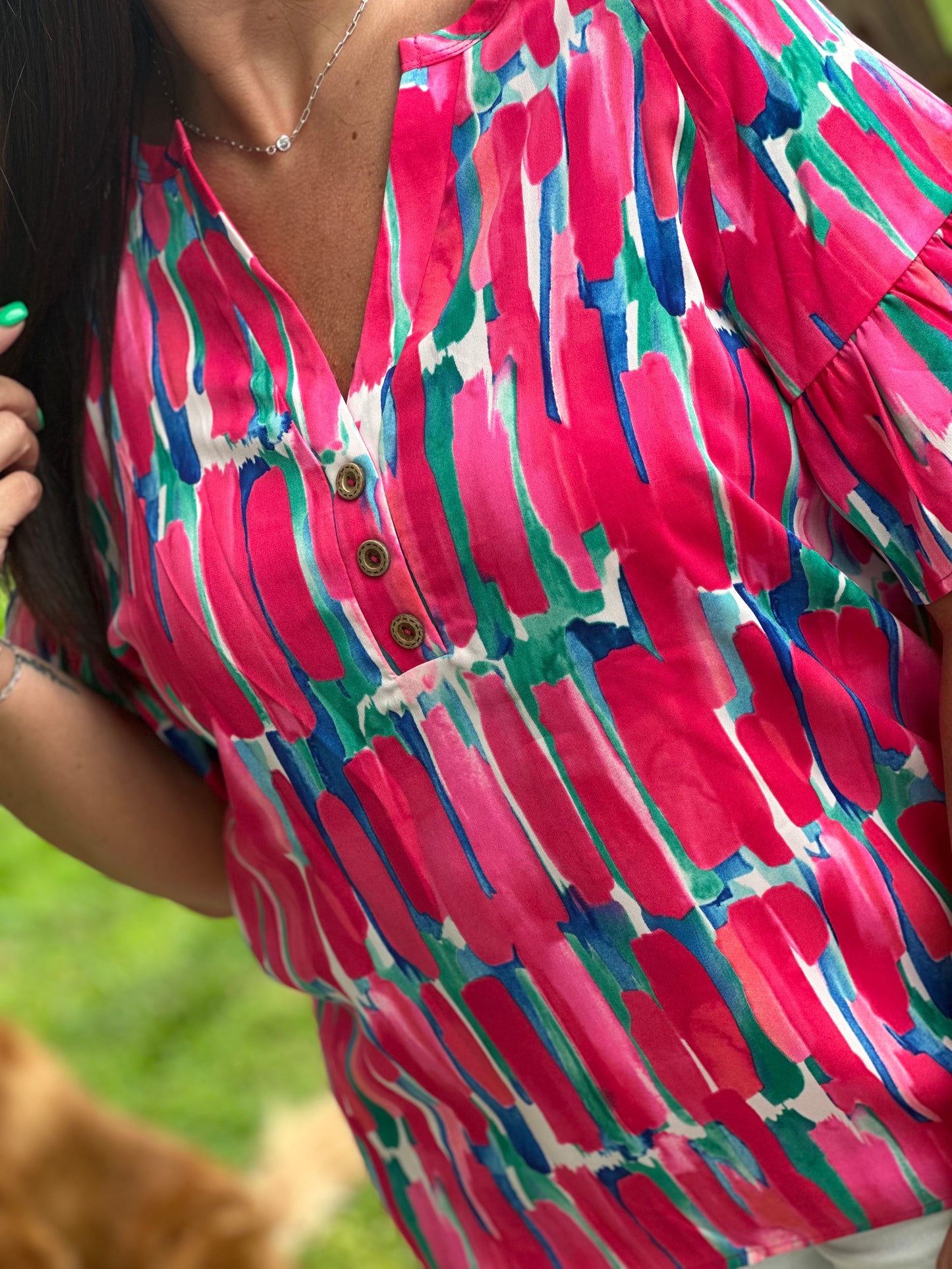 Pink Button Top with Ruffle Sleeve