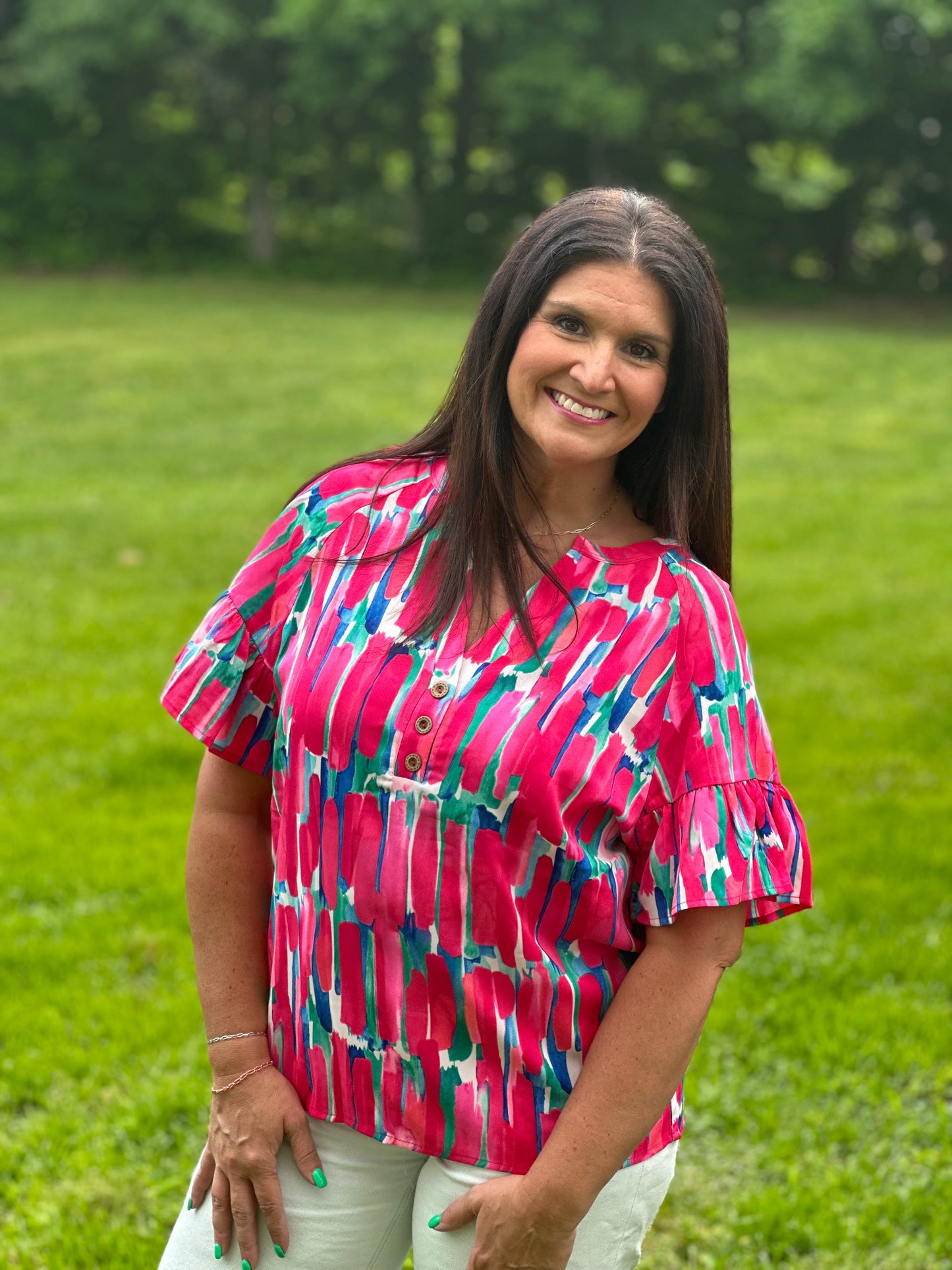 Pink Button Top with Ruffle Sleeve