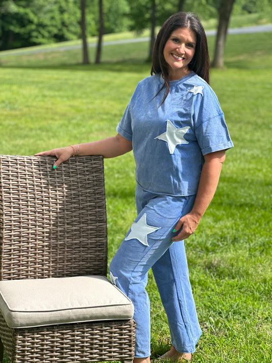 Ashleigh Blue Acid Wash Star Patched Rolled Trim Pant Set