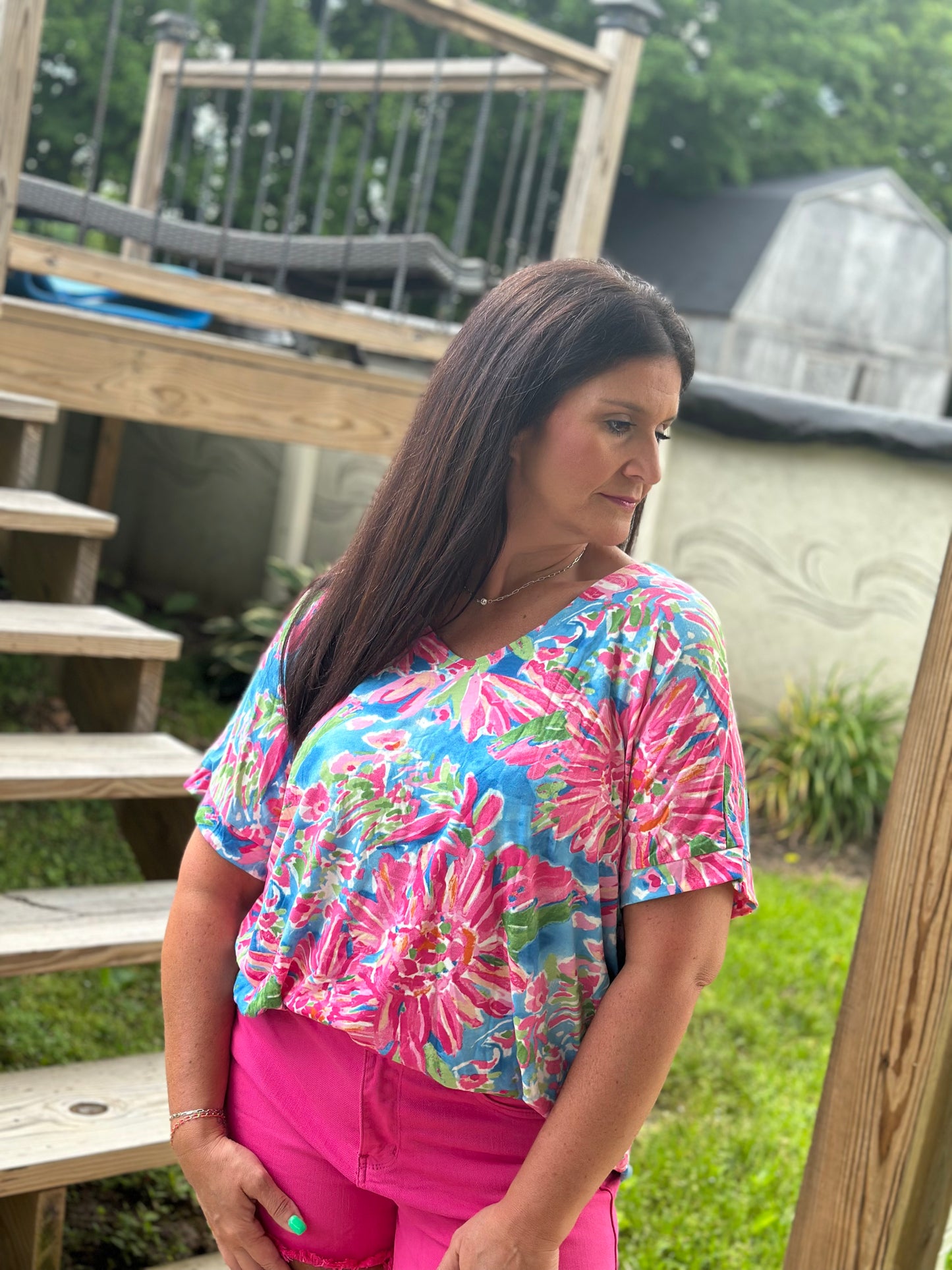 Pink and Blue Floral Top