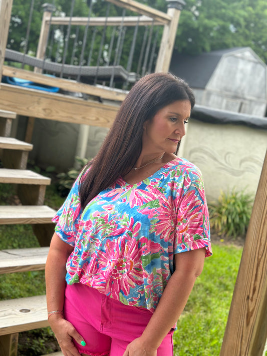 Pink and Blue Floral Top
