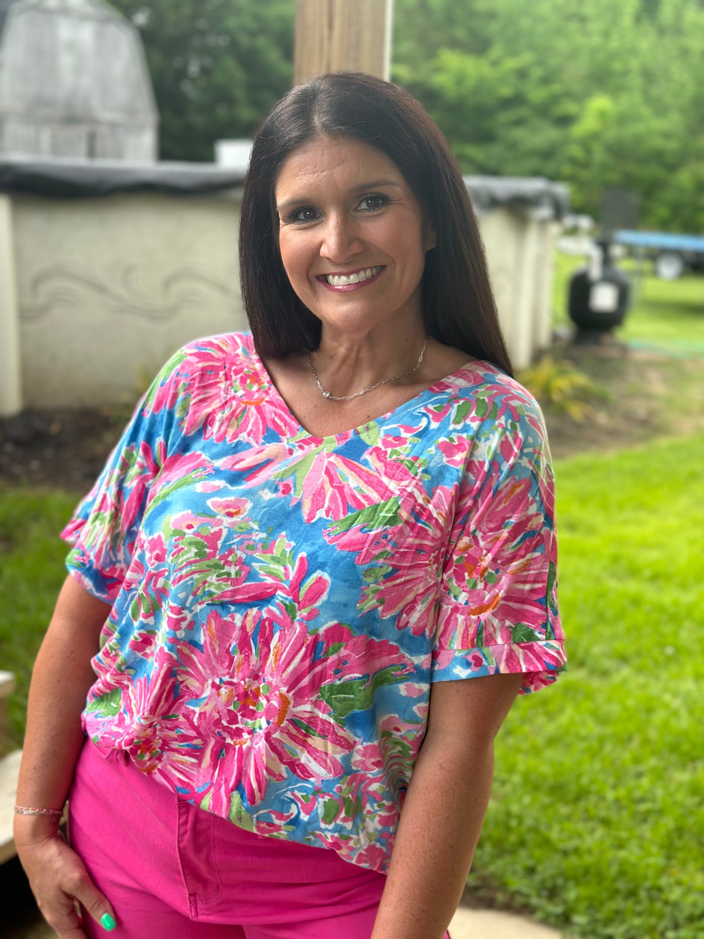 Pink and Blue Floral Top