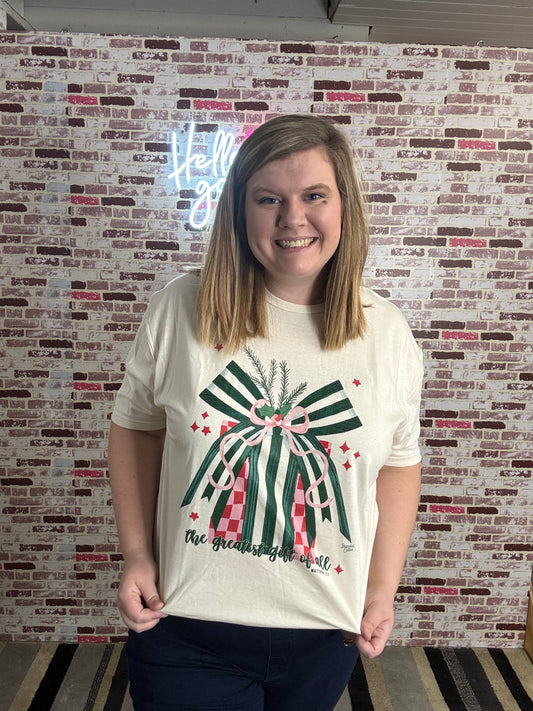 Christmas present with green bow graphic tee