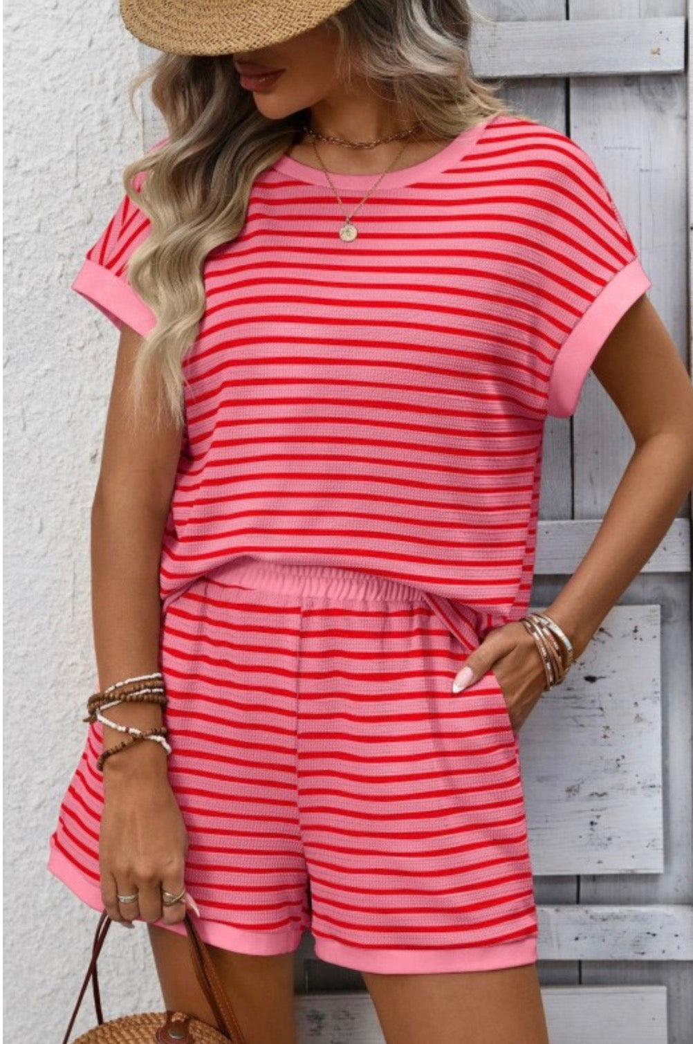Dark Pink Striped 2pc Lounge Set