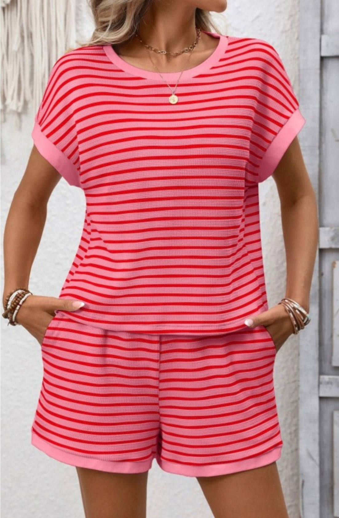 Dark Pink Striped 2pc Lounge Set