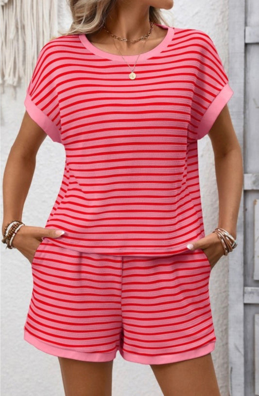 Dark Pink Striped 2pc Lounge Set