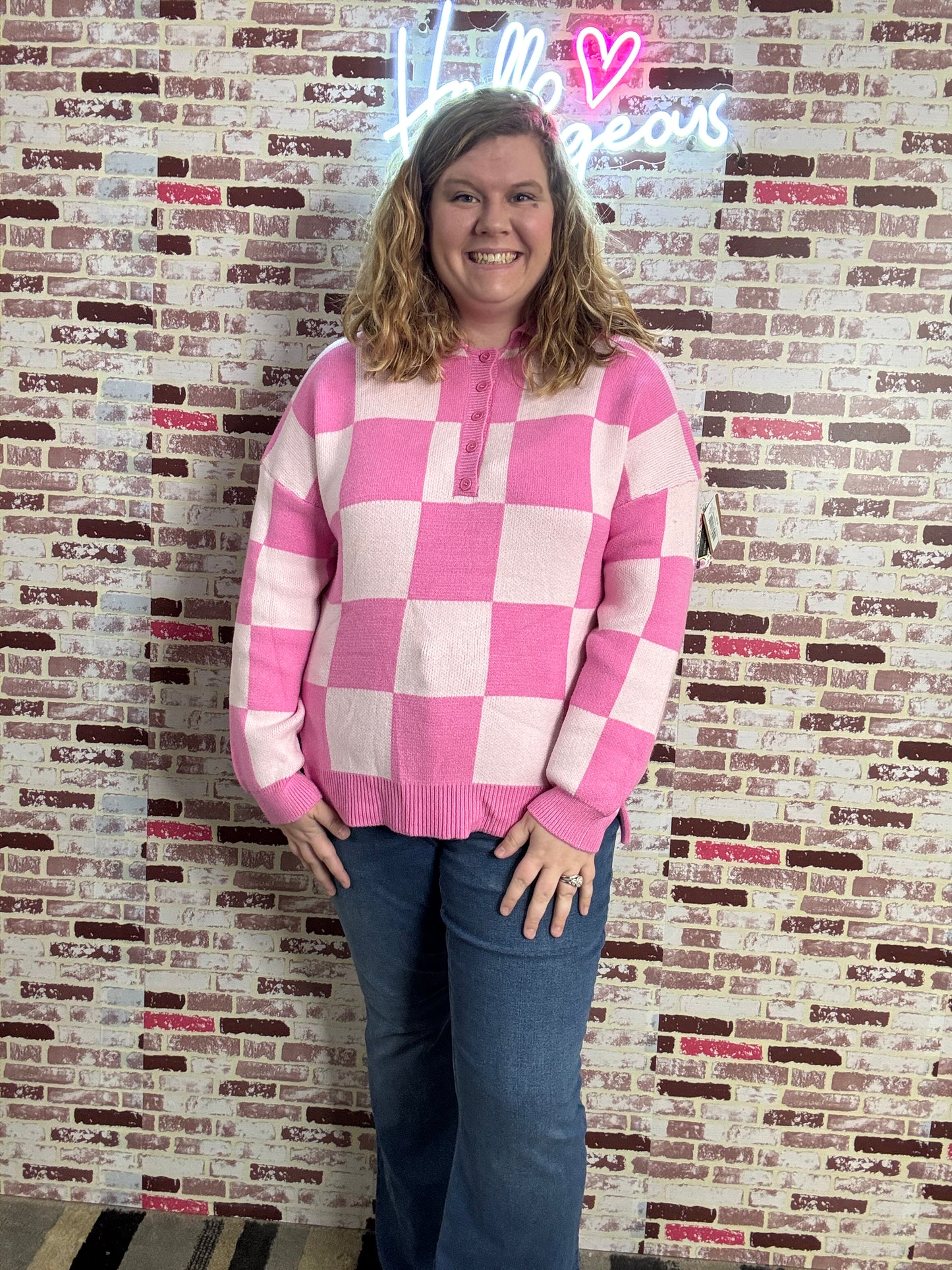 Pink Checkered Button up Sweater