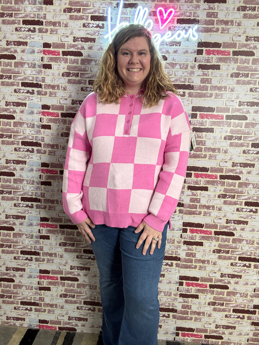 Pink Checkered Button up Sweater