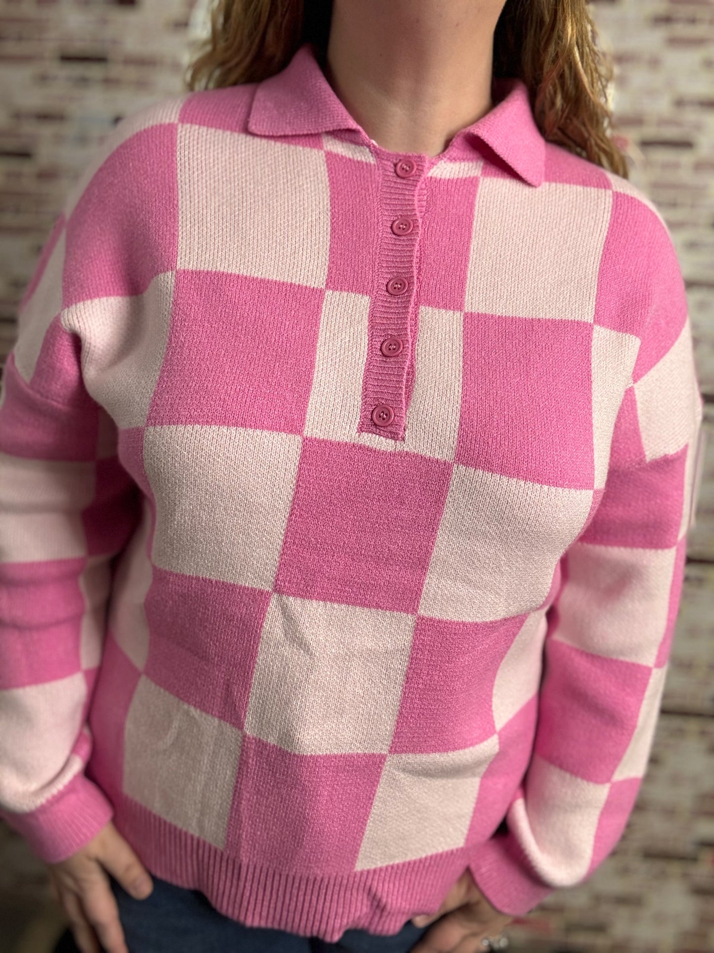 Pink Checkered Button up Sweater