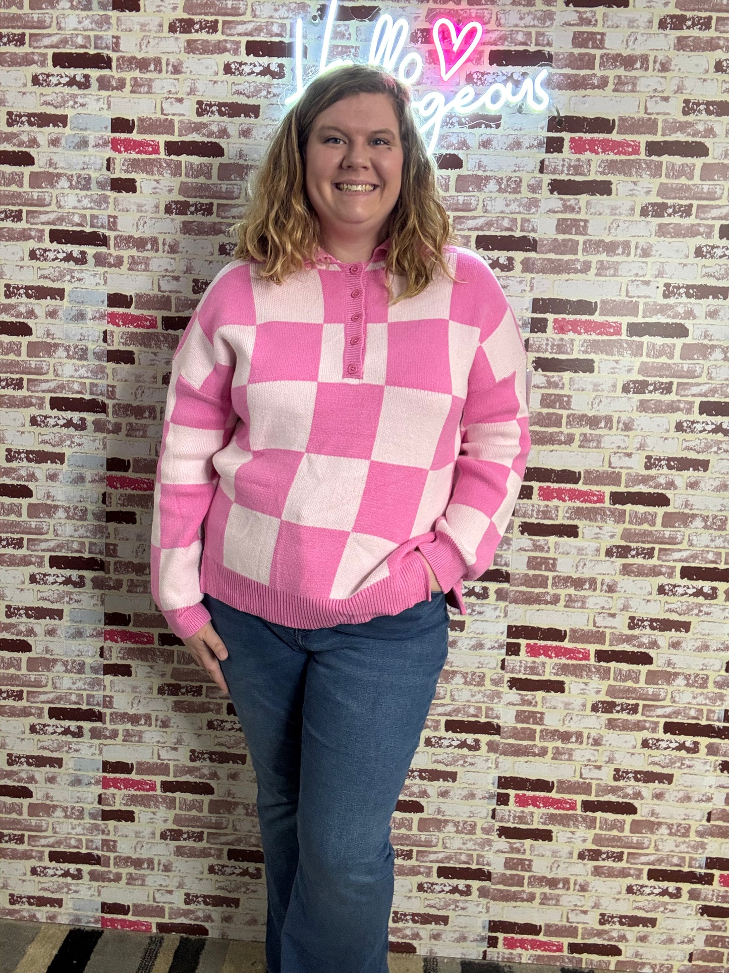 Pink Checkered Button up Sweater