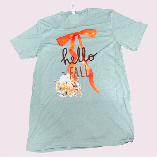 Hello fall pumpkins and bow teal tee