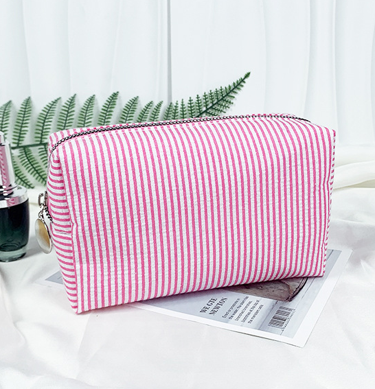 Seersucker Striped Makeup Bag Bubble Cosmetics Pouch