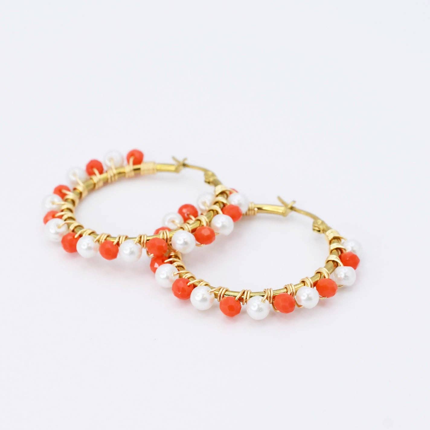 Orange/White Beaded Hoop Earrings