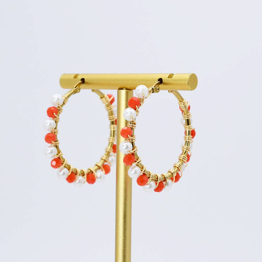 Orange/White Beaded Hoop Earrings