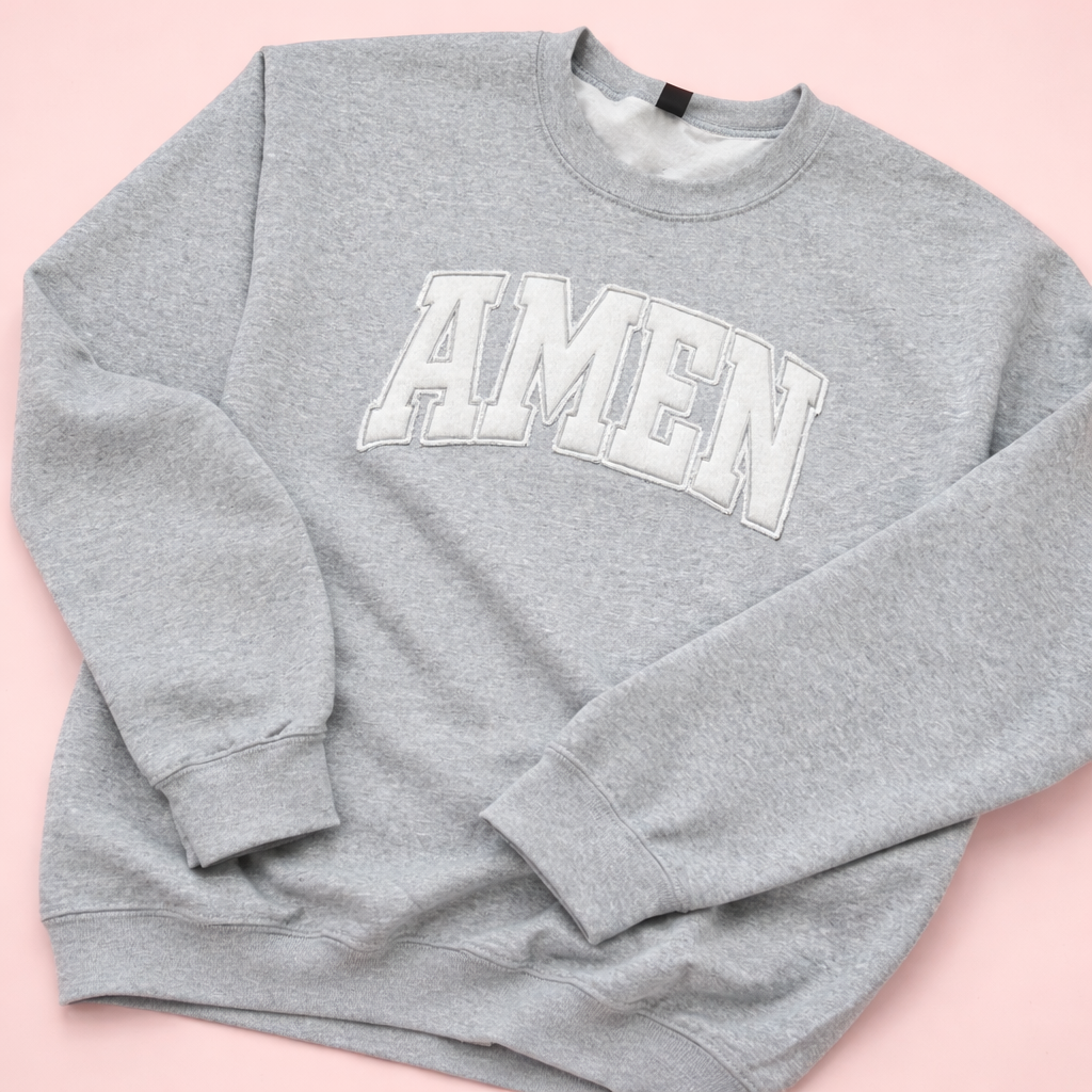 AMEN Tone on Tone Appliqué Crewneck Sweatshirt – Grey Faith Pullover