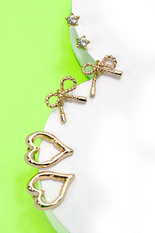 BOW HEART CHARM TRIO EARRINGS